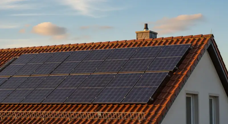Close-up of photovoltaic solar panels installed on a traditional German Satteldach (gabled roof), blue sky with some clouds