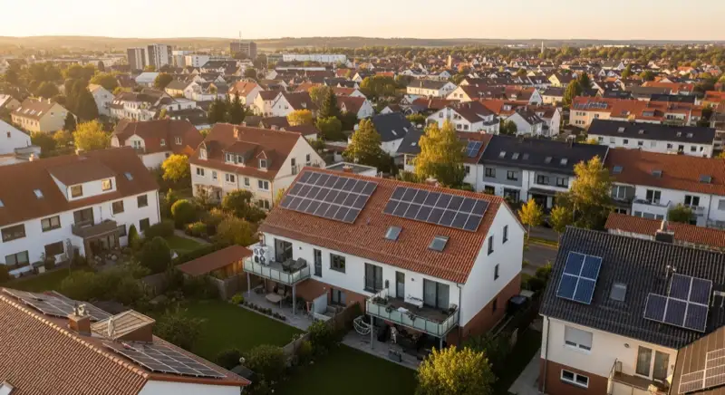 Aerial drone view of typical German residential neighborhood with mixed roof types, red and dark roof tiles, gardens visible, sunny day