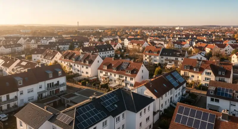Aerial drone view of typical German residential neighborhood with mixed roof types, red and dark roof tiles, gardens visible, sunny day