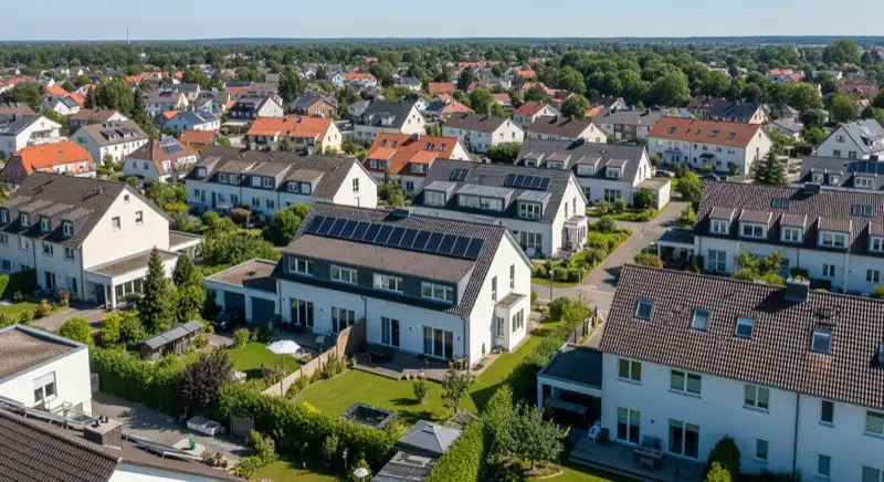 Aerial drone view of typical German residential neighborhood with mixed roof types, red and dark roof tiles, gardens visible, sunny day