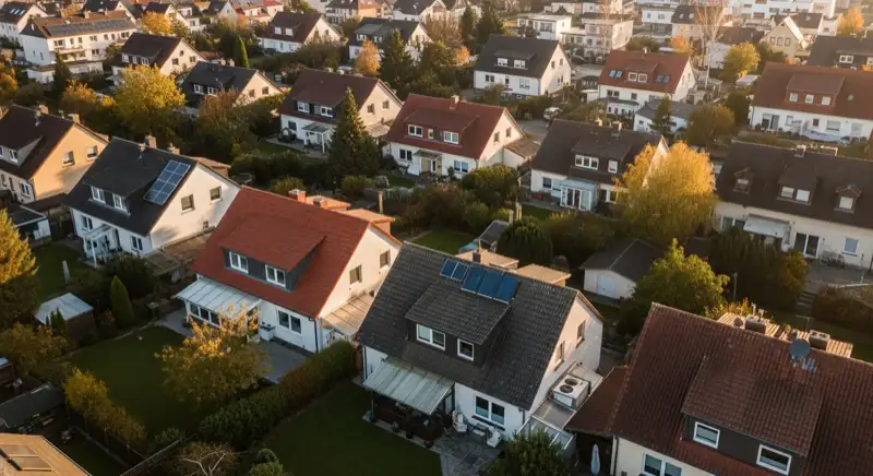 Aerial drone view of typical German residential neighborhood with mixed roof types, red and dark roof tiles, gardens visible, sunny day