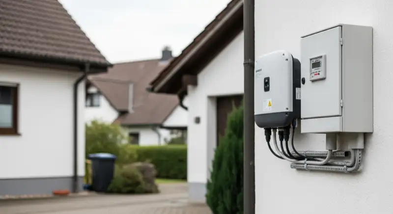 Modern German electrical meter cabinet (Zählerschrank) with smart meter and solar inverter connection, clean technical installation