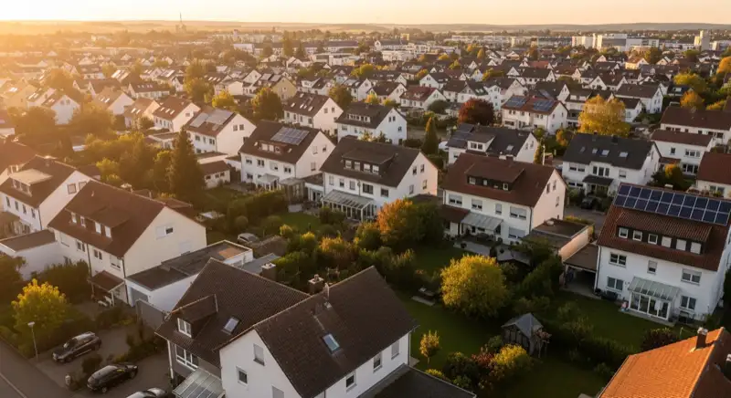 Aerial drone view of typical German residential neighborhood with mixed roof types, red and dark roof tiles, gardens visible, sunny day