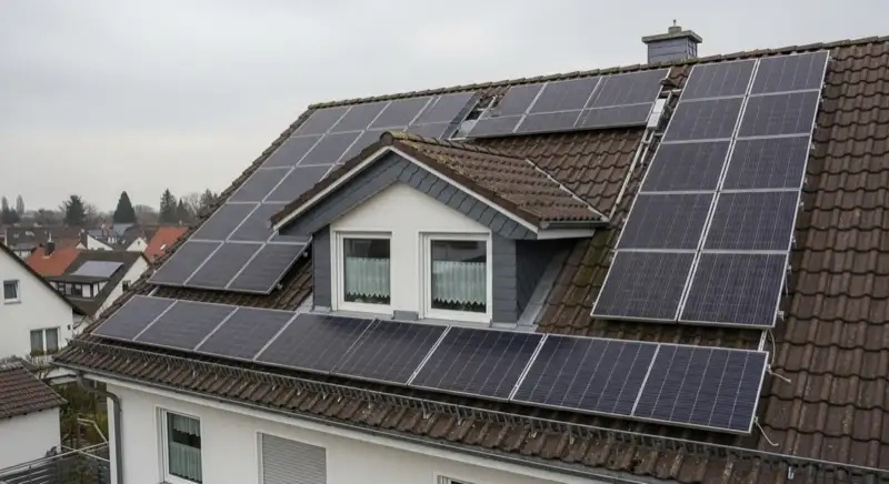 Installateur montiert Solarmodule auf typischem Neuwieder Einfamilienhaus-Dach