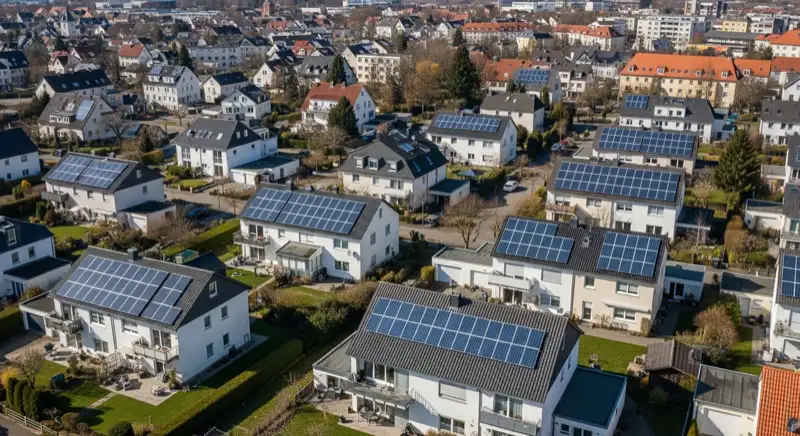 Aerial drone view of typical German residential neighborhood with mixed roof types, red and dark roof tiles, gardens visible, sunny day