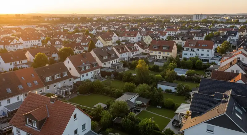 Aerial drone view of typical German residential neighborhood with mixed roof types, red and dark roof tiles, gardens visible, sunny day