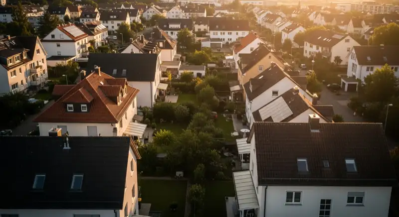 Aerial drone view of typical German residential neighborhood with mixed roof types, red and dark roof tiles, gardens visible, sunny day