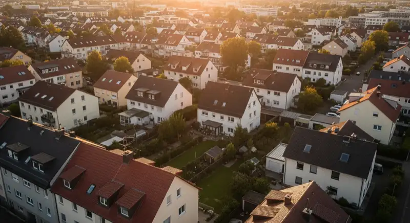 Aerial drone view of typical German residential neighborhood with mixed roof types, red and dark roof tiles, gardens visible, sunny day