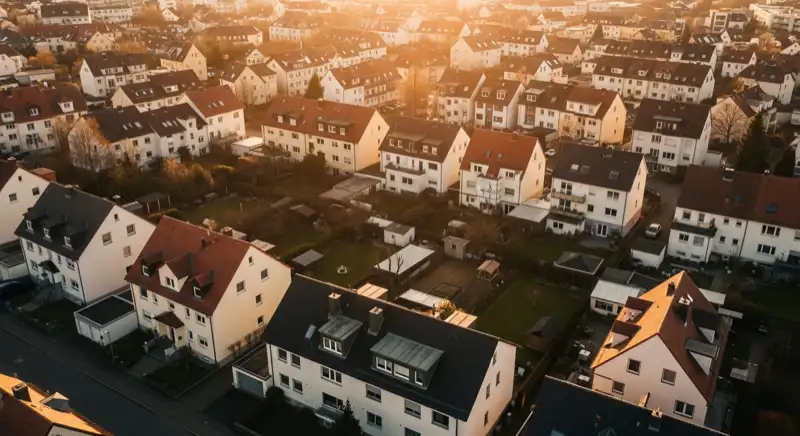 Aerial drone view of typical German residential neighborhood with mixed roof types, red and dark roof tiles, gardens visible, sunny day