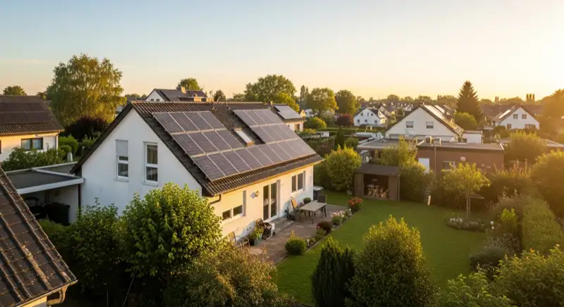 German detached house (Einfamilienhaus) with photovoltaic panels on pitched roof, well-maintained garden, warm afternoon sunlight
