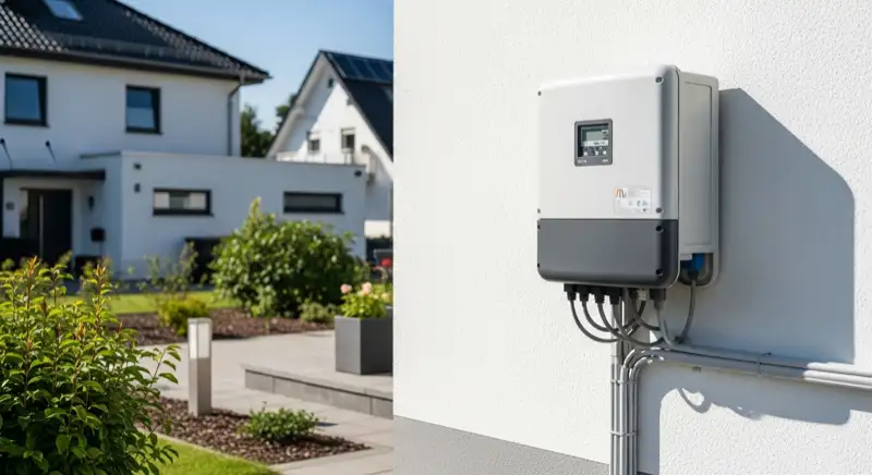Modern German electrical meter cabinet (Zählerschrank) with smart meter and solar inverter connection, clean technical installation