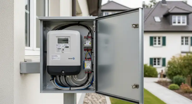 Modern German electrical meter cabinet (Zählerschrank) with smart meter and solar inverter connection, clean technical installation