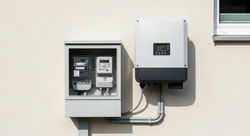 Modern German electrical meter cabinet (Zählerschrank) with smart meter and solar inverter connection, clean technical installation