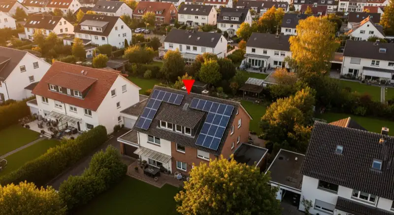 Aerial drone view of typical German residential neighborhood with mixed roof types, red and dark roof tiles, gardens visible, sunny day