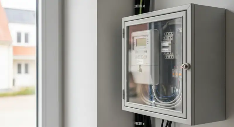 Modern German electrical meter cabinet (Zählerschrank) with smart meter and solar inverter connection, clean technical installation