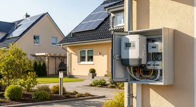 Modern German electrical meter cabinet (Zählerschrank) with smart meter and solar inverter connection, clean technical installation