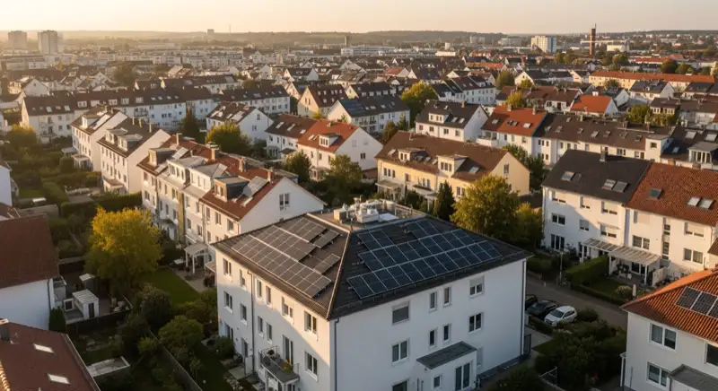 Aerial drone view of typical German residential neighborhood with mixed roof types, red and dark roof tiles, gardens visible, sunny day