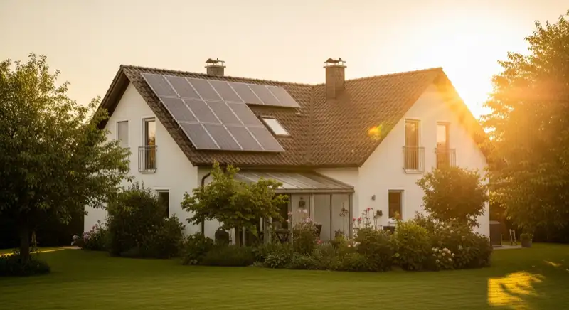 German detached house (Einfamilienhaus) with photovoltaic panels on pitched roof, well-maintained garden, warm afternoon sunlight