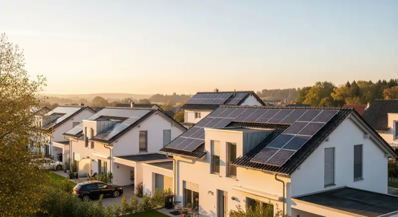 Moderne Wohnsiedlung in Passau Haidenhof mit mehreren Photovoltaikanlagen auf Einfamilienhäusern