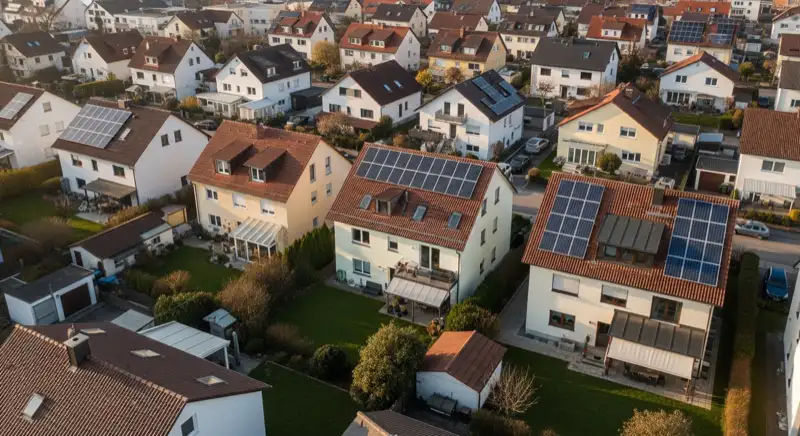 Aerial drone view of typical German residential neighborhood with mixed roof types, red and dark roof tiles, gardens visible, sunny day