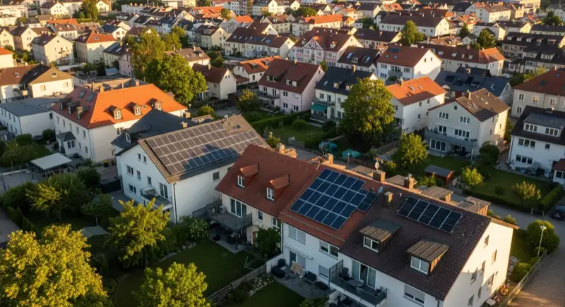Aerial drone view of typical German residential neighborhood with mixed roof types, red and dark roof tiles, gardens visible, sunny day