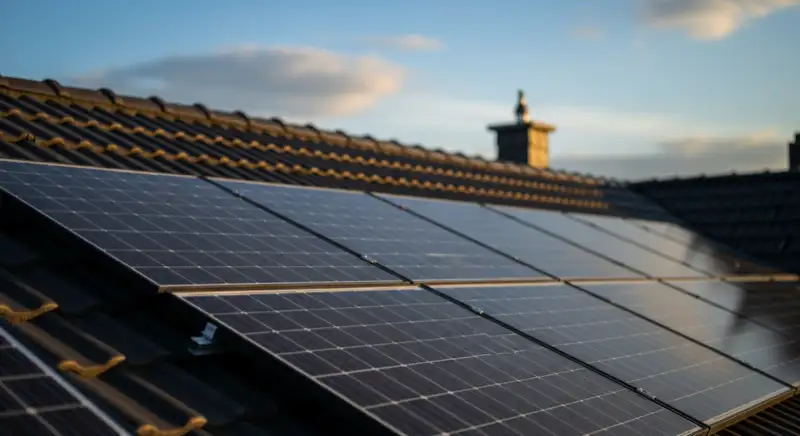 Close-up of photovoltaic solar panels installed on a traditional German Satteldach (gabled roof), blue sky with some clouds