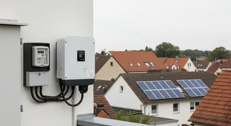 Modern German electrical meter cabinet (Zählerschrank) with smart meter and solar inverter connection, clean technical installation