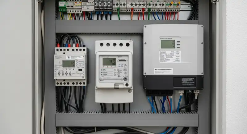 Modern German electrical meter cabinet (Zählerschrank) with smart meter and solar inverter connection, clean technical installation