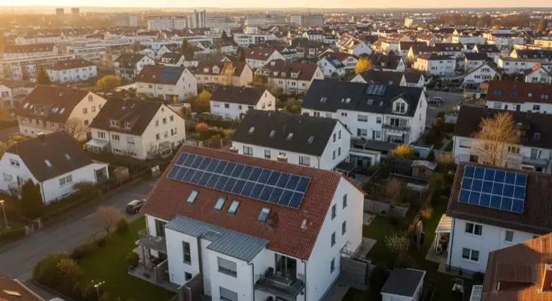 Aerial drone view of typical German residential neighborhood with mixed roof types, red and dark roof tiles, gardens visible, sunny day