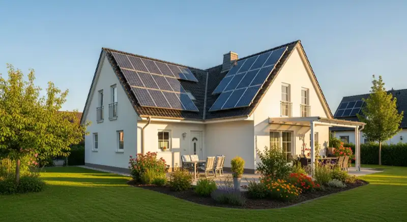 German detached house (Einfamilienhaus) with photovoltaic panels on pitched roof, well-maintained garden, warm afternoon sunlight