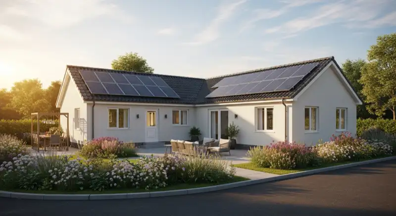 German detached house (Einfamilienhaus) with photovoltaic panels on pitched roof, well-maintained garden, warm afternoon sunlight