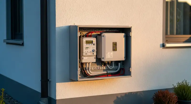 Modern German electrical meter cabinet (Zählerschrank) with smart meter and solar inverter connection, clean technical installation