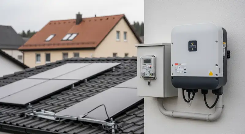 Modern German electrical meter cabinet (Zählerschrank) with smart meter and solar inverter connection, clean technical installation