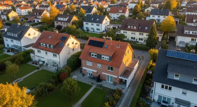 Aerial drone view of typical German residential neighborhood with mixed roof types, red and dark roof tiles, gardens visible, sunny day
