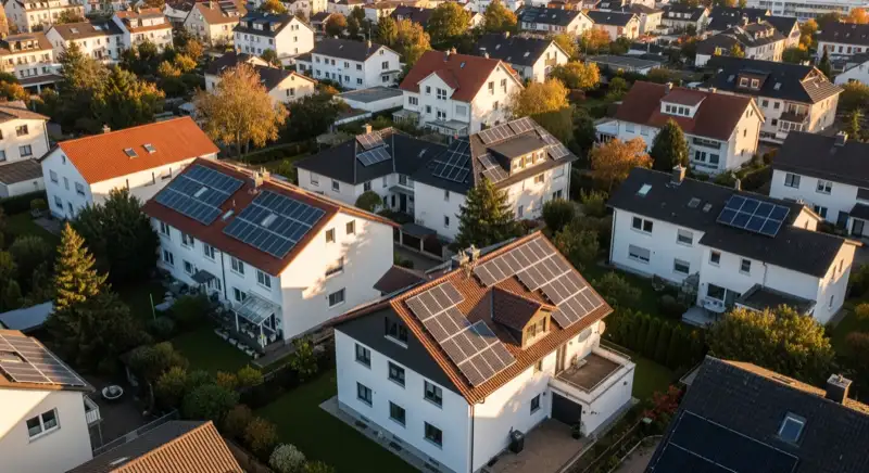 Aerial drone view of typical German residential neighborhood with mixed roof types, red and dark roof tiles, gardens visible, sunny day