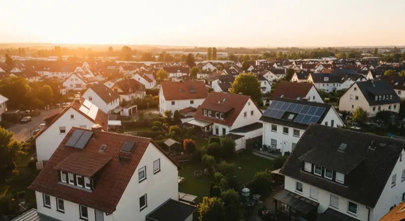 Aerial drone view of typical German residential neighborhood with mixed roof types, red and dark roof tiles, gardens visible, sunny day