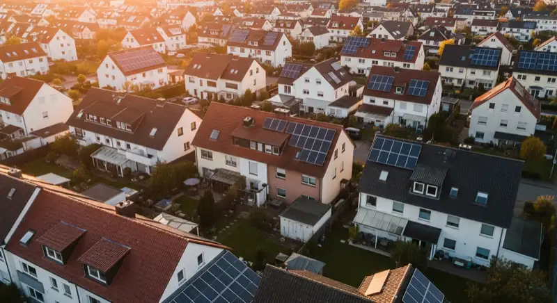 Aerial drone view of typical German residential neighborhood with mixed roof types, red and dark roof tiles, gardens visible, sunny day