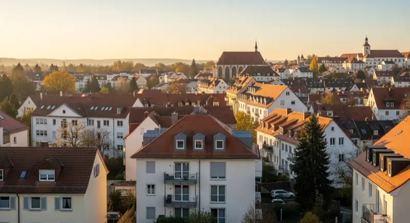 Wohngebiete in Regensburg mit verschiedenen Bauformen, typische Einfamilienhäuser und Dachstrukturen aus der Luft
