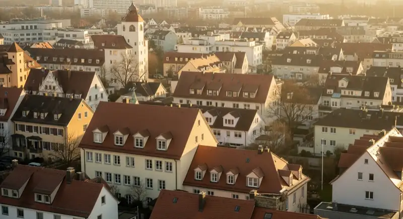 Wohngebiete in Regensburg mit verschiedenen Bauformen, typische Einfamilienhäuser und Dachstrukturen aus der Luft