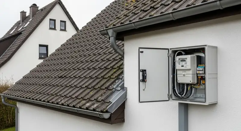 Modern German electrical meter cabinet (Zählerschrank) with smart meter and solar inverter connection, clean technical installation