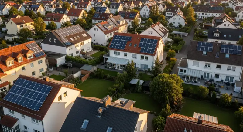 Aerial drone view of typical German residential neighborhood with mixed roof types, red and dark roof tiles, gardens visible, sunny day