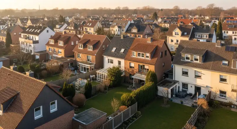 Aerial drone view of typical German residential neighborhood with mixed roof types, red and dark roof tiles, gardens visible, sunny day