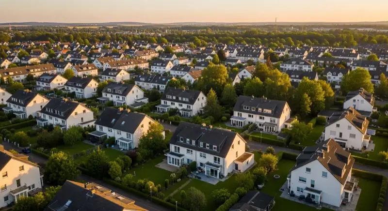 Aerial drone view of typical German residential neighborhood with mixed roof types, red and dark roof tiles, gardens visible, sunny day