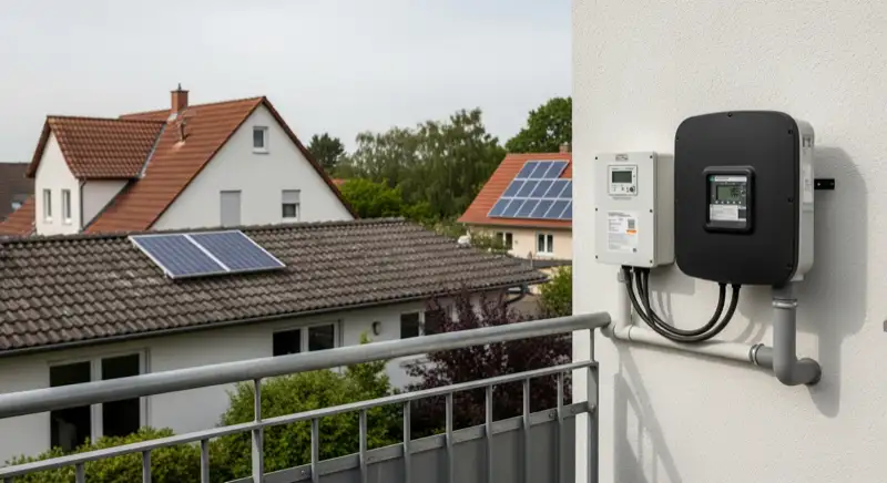 Modern German electrical meter cabinet (Zählerschrank) with smart meter and solar inverter connection, clean technical installation