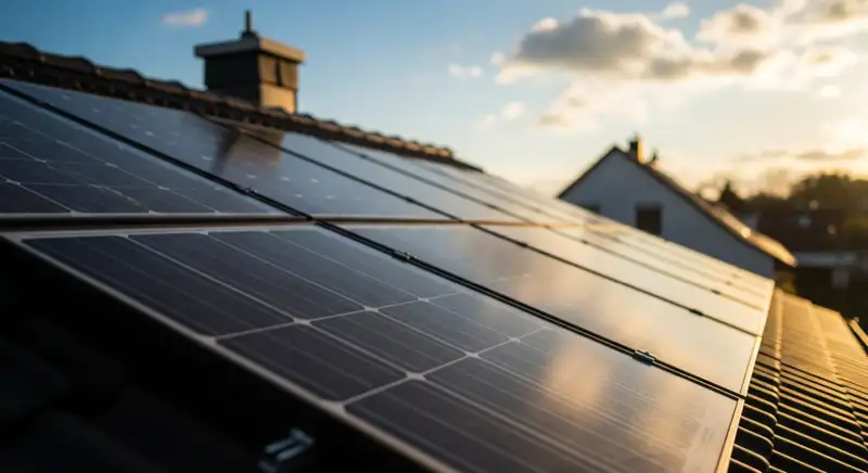 Close-up of photovoltaic solar panels installed on a traditional German Satteldach (gabled roof), blue sky with some clouds