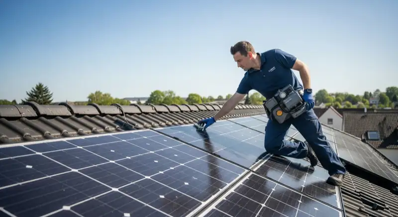 Solartechniker überprüft PV-Module auf Einfamilienhaus in Rodgau während Wartungsinspektion