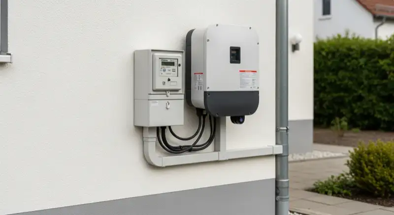 Modern German electrical meter cabinet (Zählerschrank) with smart meter and solar inverter connection, clean technical installation