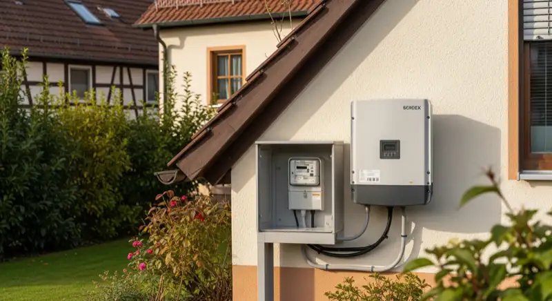 Modern German electrical meter cabinet (Zählerschrank) with smart meter and solar inverter connection, clean technical installation