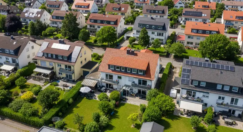 Aerial drone view of typical German residential neighborhood with mixed roof types, red and dark roof tiles, gardens visible, sunny day