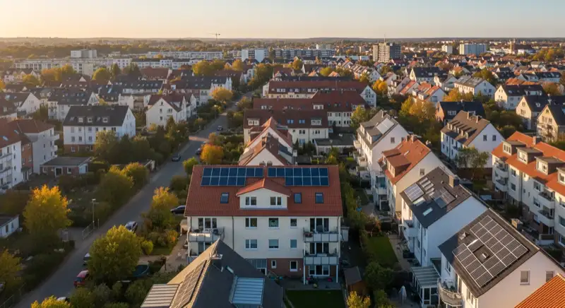 Aerial drone view of typical German residential neighborhood with mixed roof types, red and dark roof tiles, gardens visible, sunny day